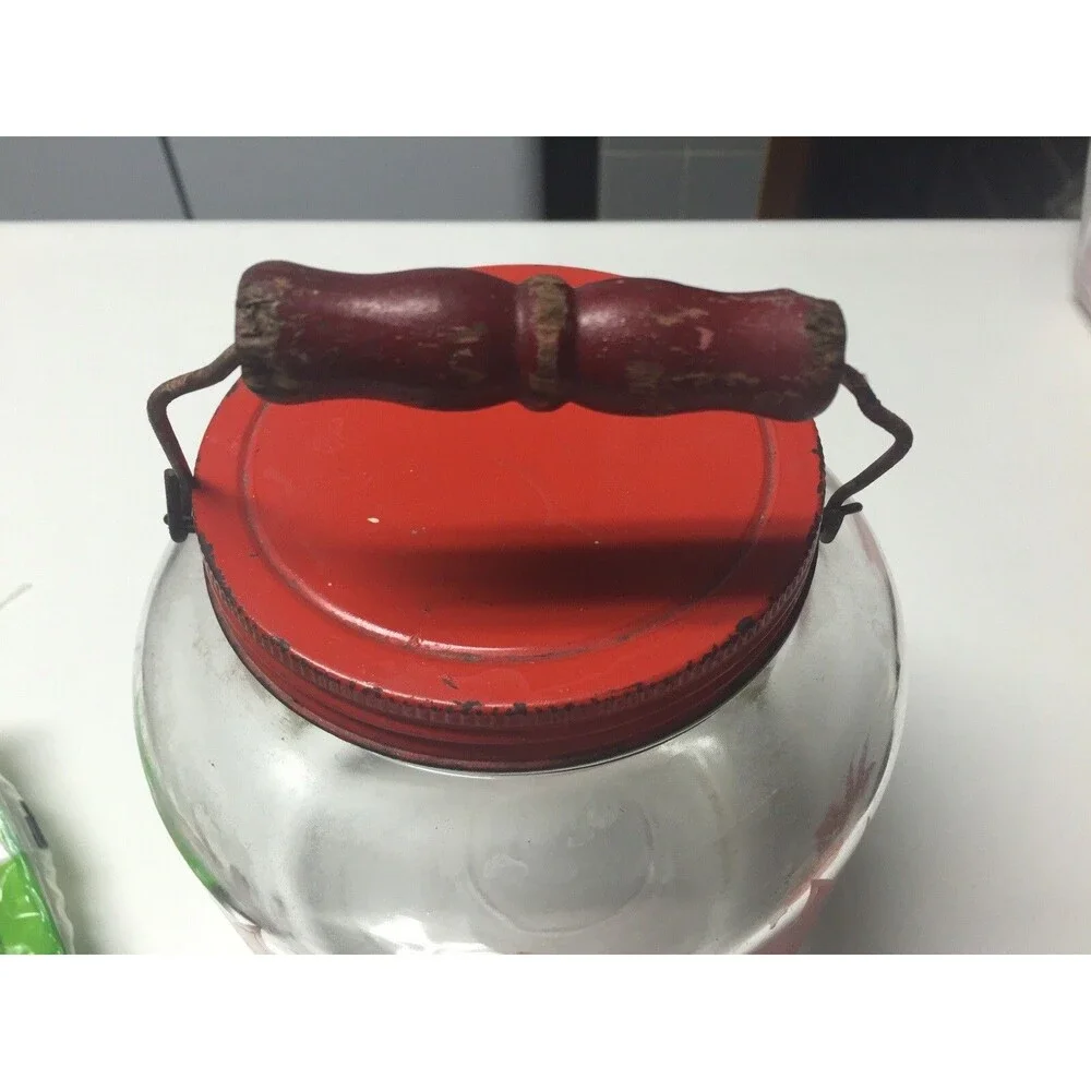 Vintage Christmas Jar w/ Metal Lid, Wooden Handle & 3 Glasses - Poinsettias